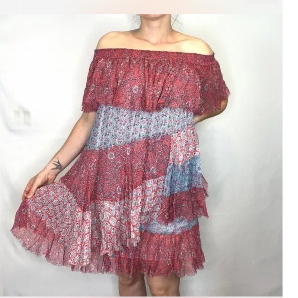 Rebecca Taylor AMANDA Boho Off The Shoulder Silk Tiered Ruffle Dress